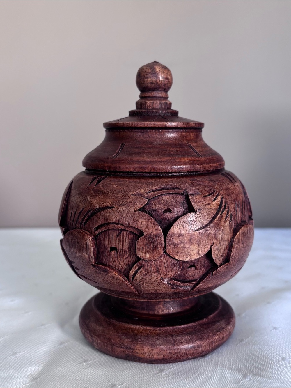 Hand-Carved Brown Wooden Decorative Jar with Lid